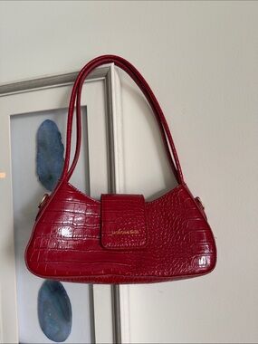 Red Croc-Embossed Shoulder Bag